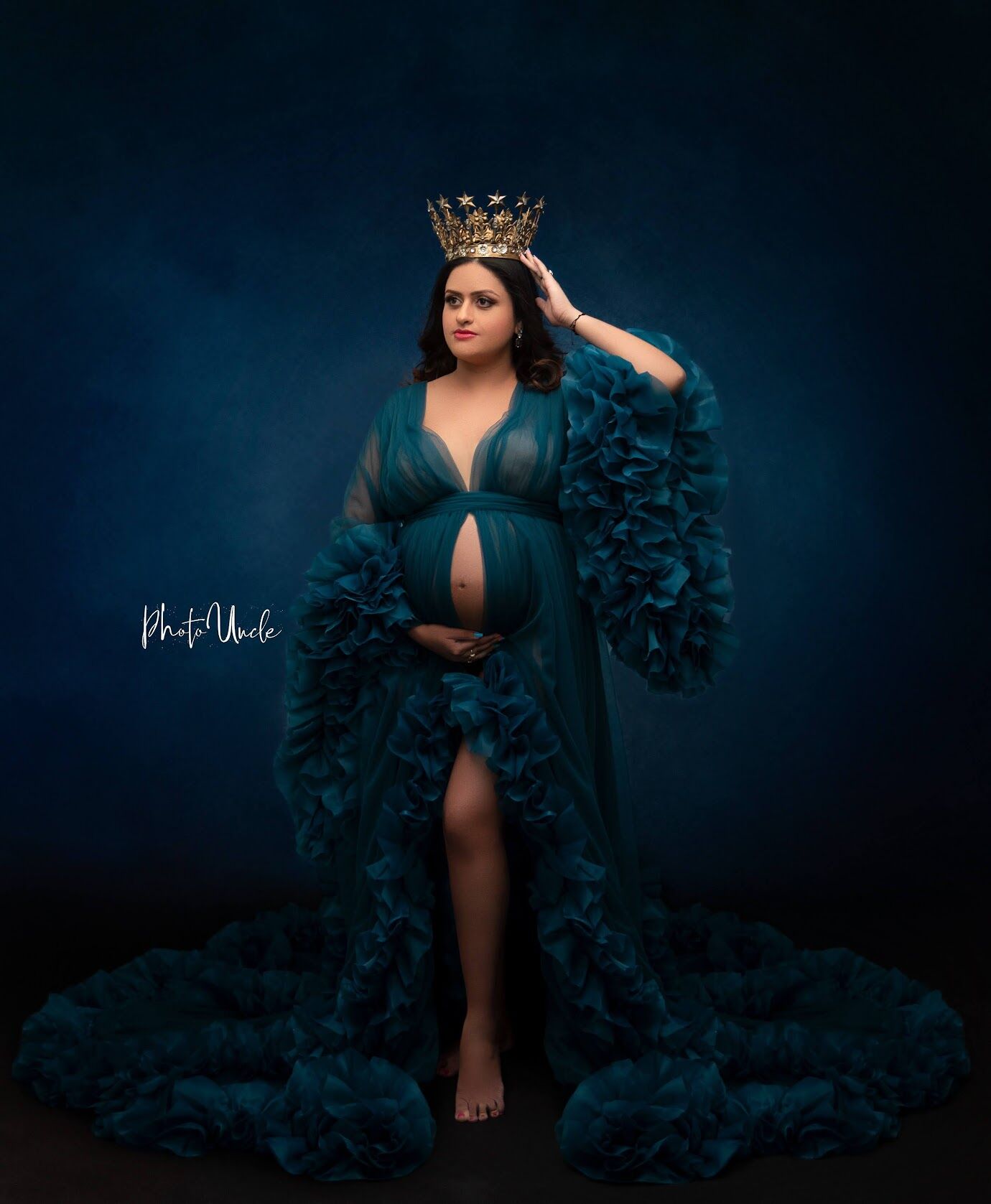 Teal Ruffled Tulle Train Maternity Dress