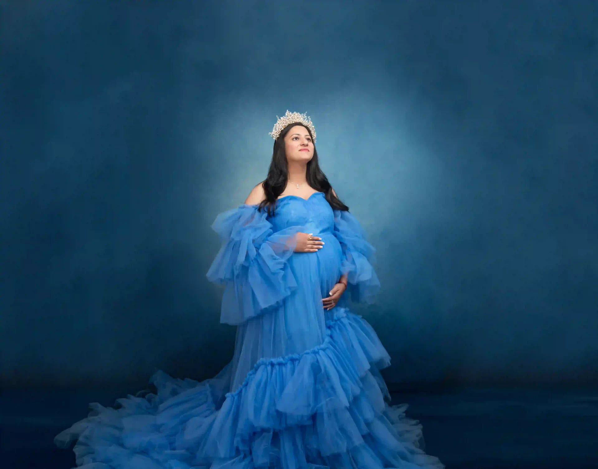 Elegant Blue Stunning Off-Shoulder Ruffles Tulle Maternity Dress Elegant Blue Stunning Off-Shoulder Ruffles Tulle Maternity Dress
