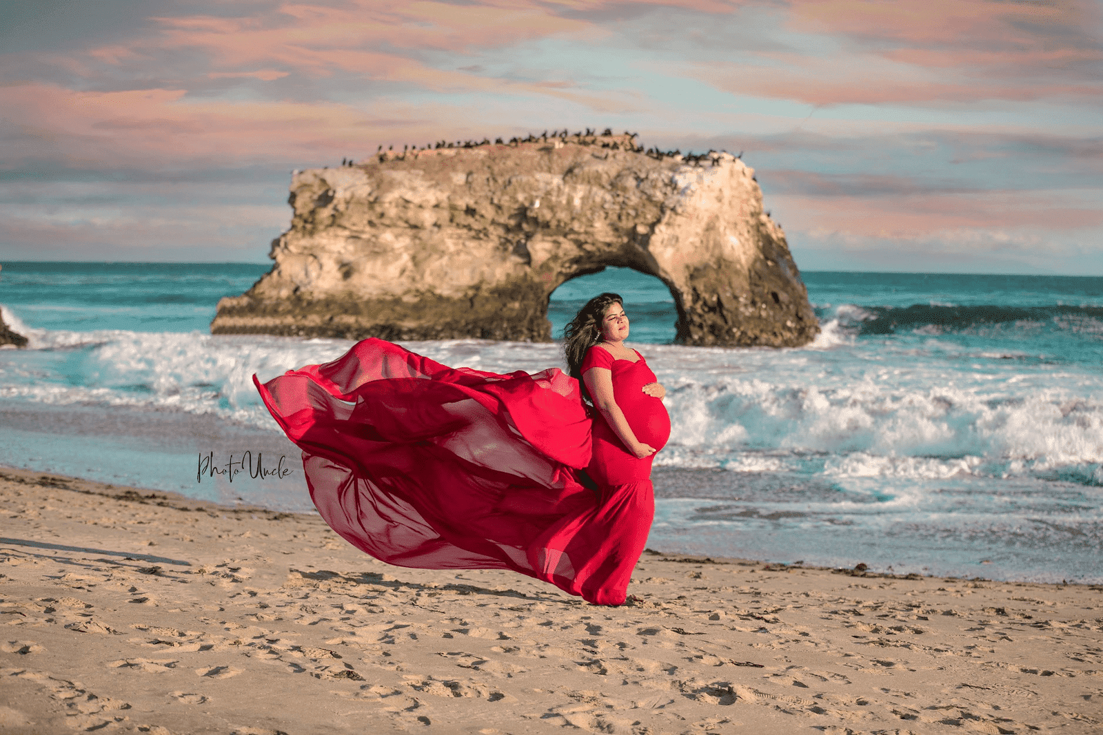Red Sleeveless Maternity Dress for Expectant Mothers Photo Shoot