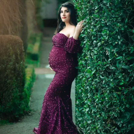 fitted lace wedding dress Maternity Strapless Sequin Bodice Contrast Cascading Ruffle Tulle Hem Purple / M main image 0