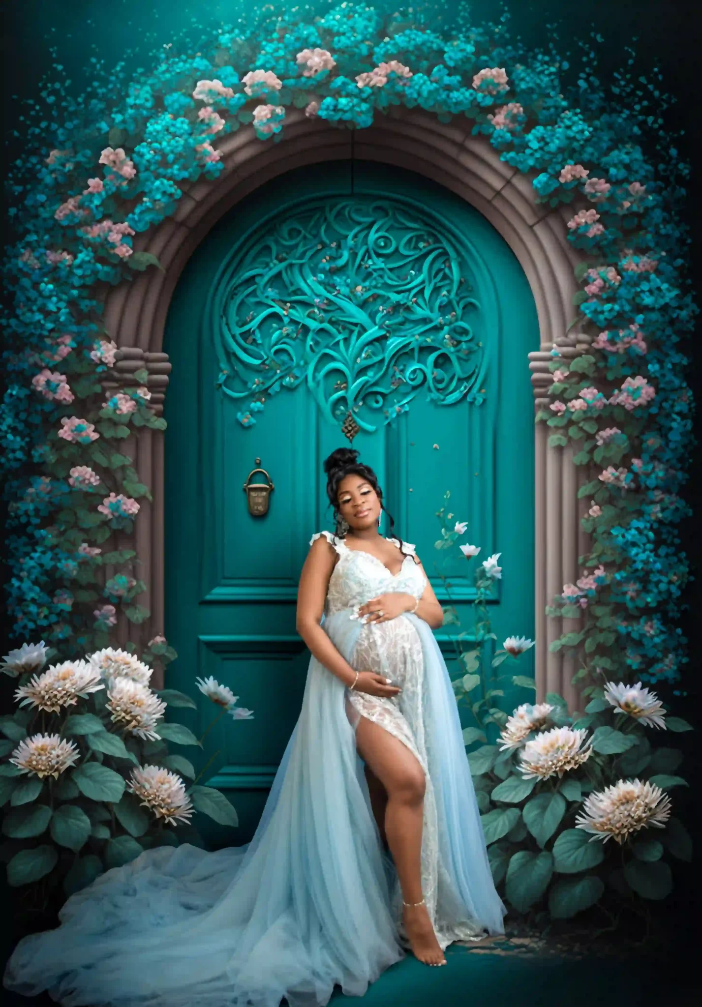 blue dress for baby girl Shop Emerald Green Maternity Tulle Robe for Photoshoot - Boudoir Maternity Dress main image 0