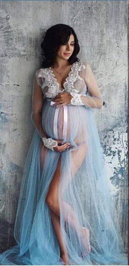 Hot Lace Long Sleeve Sky Blue Maternity Maxi Gown